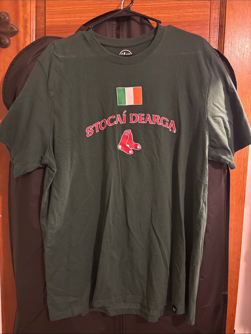 Stocaí Dearga Green Graphic Crew Neck Tee with Red Accents
